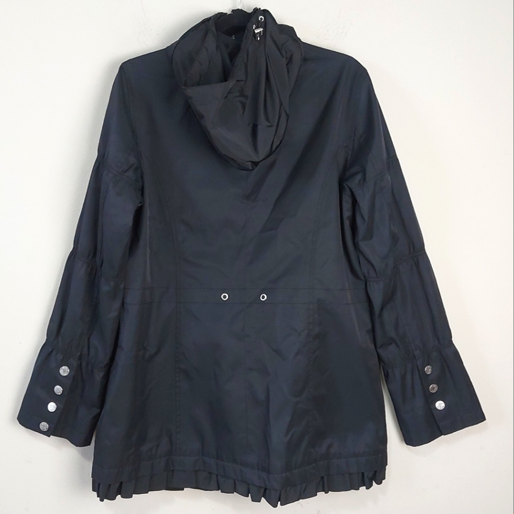 Betsey Johnson Women Hooded Jacket Large Black Zip Up Lined Ruffle Hem Mock Neck - Picture 2 of 16